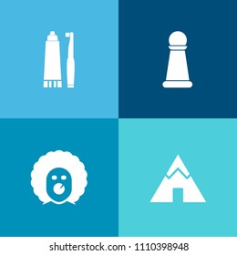 Modern, simple vector icon set on colorful background with outdoor, brush, castle, pawn, dentist, toothbrush, clean, care, play, circus, strategy, character, white, travel, chess, adventure icons