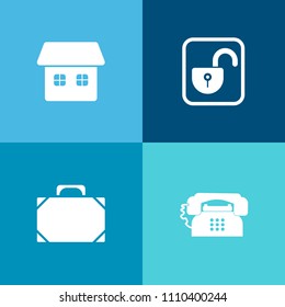 Modern, simple vector icon set on colorful background with connection, call, leather, brown, architecture, padlock, handle, construction, safe, sign, modern, background, residential, secure, bag icons