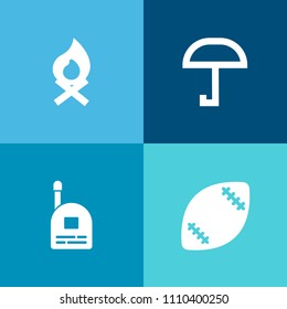 Modern, simple vector icon set on colorful background with boy, weather, evening, firewood, american, fireplace, warm, smoke, protection, parasol, sport, toy, campfire, football, talkie, goal icons