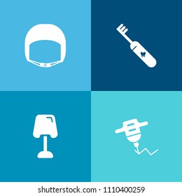Modern, simple vector icon set on colorful background with helmet, equipment, hand, health, modern, hygiene, work, paste, repair, engineer, yellow, home, builder, industry, dental, white, tooth icons