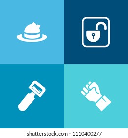 Modern, simple vector icon set on colorful background with connection, utensil, cap, clothing, robot, secure, headwear, sport, protection, safe, concept, peeler, visor, sign, business, lock, arm icons