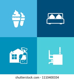 Modern, simple vector icon set on colorful background with office, tasty, hotel, bedroom, work, top, cleaner, food, ice-cream, space, apartment, modern, spray, chocolate, comfortable, cream, mop icons