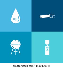 Modern, simple vector icon set on colorful background with equipment, purified, meal, barbecue, meat, gallon, energy, clean, light, water, grilled, bulb, electric, cook, cool, shine, grill, food icons
