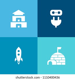 Modern, simple vector icon set on colorful background with technology, pagoda, science, snow, socket, electricity, spaceship, polar, winter, traditional, power, arctic, asia, nature, temple, ice icons