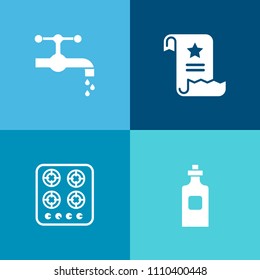 Modern, simple vector icon set on colorful background with kitchen, clean, home, glass, clear, tap, office, page, internet, cook, wine, metal, container, document, alcohol, basin, bottle, file icons