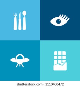 Modern, simple vector icon set on colorful background with snack, meal, white, cooking, eat, healthy, dinner, girl, face, fork, spaceship, space, spoon, smile, beauty, cutlery, ufo, beautiful icons