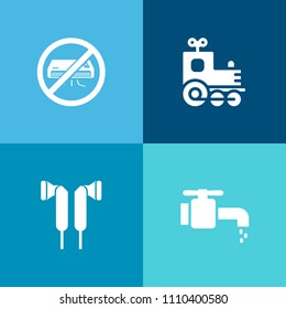 Modern, simple vector icon set on colorful background with drop, kitchen, water, element, play, chrome, railroad, music, air, background, train, ear, kid, white, metal, toy, equipment, earphone icons
