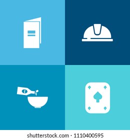Modern, simple vector icon set on colorful background with drink, restaurant, poker, hat, construction, gourmet, equipment, plastic, document, cuisine, work, engineer, architect, brochure, white icons