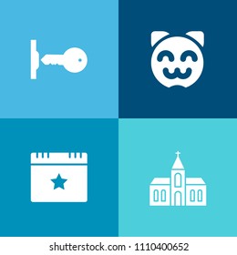 Modern, simple vector icon set on colorful background with church, party, japanese, sign, star, happy, catholic, person, success, secure, safe, home, chapel, pet, religion, love, cute, faith icons