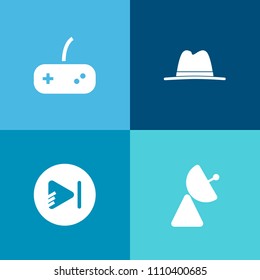 Modern, simple vector icon set on colorful background with head, game, control, multimedia, device, antenna, black, object, console, radio, communication, button, controller, play, sign, tower icons