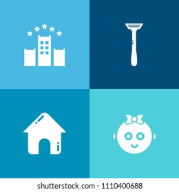 Modern, simple vector icon set on colorful background with bed, architecture, concept, family, kid, object, childhood, sign, room, people, razor, hygiene, vacation, city, building, hotel, home icons