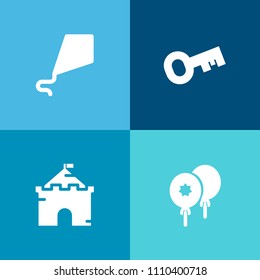 Modern, simple vector icon set on colorful background with medieval, child, balloon, summer, home, celebration, bright, lifestyle, decoration, old, fun, safe, party, security, palace, castle icons
