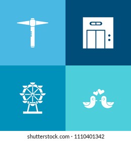 Modern, simple vector icon set on colorful background with construction, building, elevator, doorway, nature, silhouette, bird, entrance, romance, valentine, transportation, wall, animal, repair icons