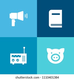 Modern, simple vector icon set on colorful background with equipment, pork, book, mammal, communication, loud, paper, swine, farming, bookstore, hog, animal, loudspeaker, meat, music, learning icons