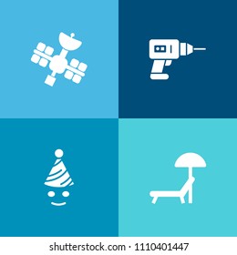 Modern, simple vector icon set on colorful background with sunbed, object, antenna, technology, holiday, relax, celebration, summer, clown, happiness, tool, metal, instrument, construction, sea icons