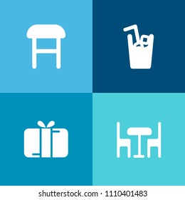 Modern, simple vector icon set on colorful background with relax, cold, cup, modern, furniture, house, christmas, style, surprise, interior, chair, present, office, sofa, room, comfortable, bow icons
