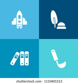 Modern, simple vector icon set on colorful background with cook, nib, technology, rocket, craft, galaxy, science, ink, write, archive, ship, fountain, black, dinner, calligraphy, kitchenware icons
