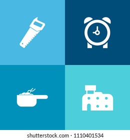 Modern, simple vector icon set on colorful background with urban, bank, number, real, steel, meal, equipment, business, food, stew, carpentry, vintage, reminder, timer, time, lunch, tool, bell icons