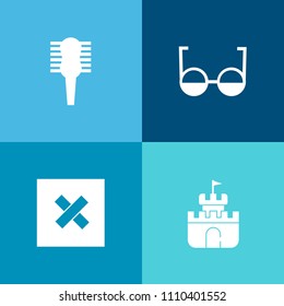 Modern, simple vector icon set on colorful background with yellow, background, vacation, female, brush, lens, object, beach, style, outdoor, summer, hairbrush, toy, salon, tool, frame, beautiful icons