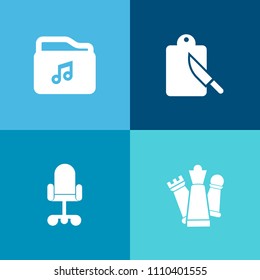 Modern, simple vector icon set on colorful background with chess, fork, knife, text, sign, play, chair, office, seat, king, format, table, modern, music, business, rook, equipment, restaurant icons