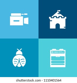 Modern, simple vector icon set on colorful background with oven, lady, cooking, studio, stove, food, movie, record, focus, kitchen, fortress, ancient, equipment, tower, digital, camera, dragon icons