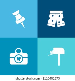 Modern, simple vector icon set on colorful background with navigation, wear, mailbox, toothpaste, box, tooth, fashion, letter, shorts, postal, clothing, health, clean, web, send, mark, sport icons