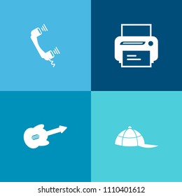 Modern, simple vector icon set on colorful background with digital, computer, technology, wear, telephone, white, baseball, office, sport, equipment, cap, communication, paper, musical, clothing icons