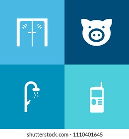 Modern, simple vector icon set on colorful background with mammal, agriculture, clean, old, meat, entrance, piglet, mobile, shower, farm, bath, farming, modern, white, livestock, pig, pork, wet icons