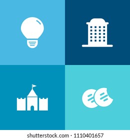 Modern, simple vector icon set on colorful background with office, urban, electricity, sweet, real, creative, light, lamp, delicious, bank, sign, structure, energy, business, cake, electric icons