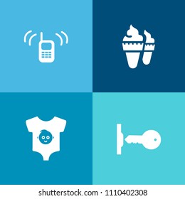 Modern, simple vector icon set on colorful background with ice-cream, vanilla, unlock, sign, clothes, support, kid, technology, chocolate, summer, house, security, sweet, ringing, clothing, call icons