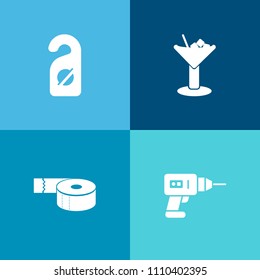 Modern, simple vector icon set on colorful background with quiet, glass, adhesive, repair, tool, liquid, element, industry, motel, refreshment, fruit, room, party, juice, electric, cocktail, do icons