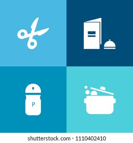 Modern, simple vector icon set on colorful background with black, open, cook, scissors, page, fork, internet, glass, chef, business, tailor, sign, cover, book, ingredient, element, brochure, pot icons