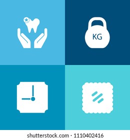 Modern, simple vector icon set on colorful background with hour, health, postage, fitness, sign, web, care, graphic, dentist, hygiene, kilogram, tooth, heavy, collection, old, time, watch, mail icons