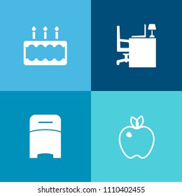 Modern, simple vector icon set on colorful background with apple, furniture, dessert, cake, vegetarian, comfortable, bakery, office, food, healthy, keyboard, top, hotel, space, pastry, double icons