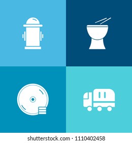 Modern, simple vector icon set on colorful background with compact, fire, water, instrument, street, computer, delivery, shipping, transport, department, disc, digital, concert, protection, plug icons