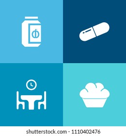 Modern, simple vector icon set on colorful background with homemade, breakfast, woman, table, capsule, cookie, pastry, menu, time, pharmacy, medicine, man, home, doughnut, glass, container, jam icons