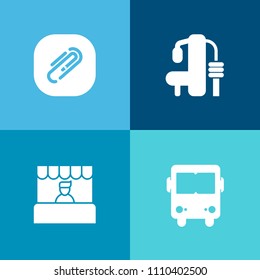 Modern, simple vector icon set on colorful background with training, school, paper, transportation, fastener, exercise, clip, cart, sport, health, trip, machine, retail, dumbbell, customer, road icons