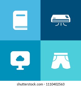 Modern, simple vector icon set on colorful background with encyclopedia, education, sport, short, page, weather, snowflake, cooling, internet, web, textbook, conditioning, air, electric, cold icons