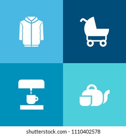 Modern, simple vector icon set on colorful background with cup, healthy, shirt, tea, childhood, japanese, wheel, beverage, care, parent, perambulator, equipment, green, family, hot, pram, kid icons