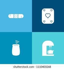 Modern, simple vector icon set on colorful background with acoustic, care, hot, concert, drum, caffeine, win, card, food, cafe, aid, drink, coffee, sign, bean, health, medicine, music, musical icons