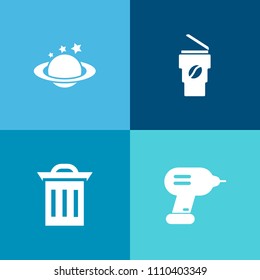 Modern, simple vector icon set on colorful background with galaxy, geography, trash, garbage, space, planet, cafe, globe, astronomy, blue, repair, work, mocha, science, rubbish, coffee, cup, hot icons