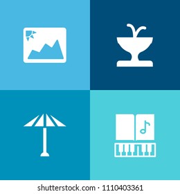 Modern, simple vector icon set on colorful background with paper, retro, umbrella, building, white, tradition, wagasa, clef, landmark, graphic, japan, modern, note, photography, landscape, water icons