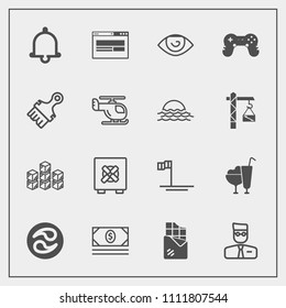 Modern, simple vector icon set with storage, kamon, cash, safe, lock, body, joystick, bar, game, distribution, beach, web, alarm, warehouse, eye, play, mexico, bell, japanese, user, human, money icons