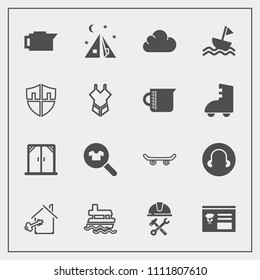 Modern, simple vector icon set with vessel, skate, boat, yacht, key, skater, estate, drink, clothing, skateboard, outdoor, nautical, female, tent, foreman, coffee, board, woman, house, window icons
