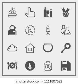 Modern, simple vector icon set with knife, time, voice, sale, cosmonaut, click, watch, gadget, winner, pointer, tomato, alcohol, tag, food, bread, baby, cloud, lunch, drink, computer, child, bag icons