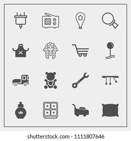 Modern, simple vector icon set with map, technology, money, truck, pendulum, spanner, plug, soft, bank, fluffy, delivery, grass, lawn, garden, electric, wireless, pillow, antenna, safe, mower icons