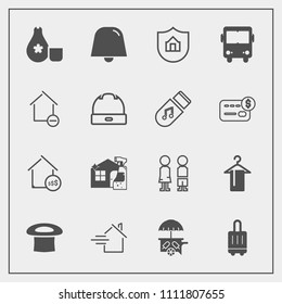 Modern, simple vector icon set with sake, notification, airport, people, fashion, housework, bag, estate, protection, spray, ice, cream, rent, protect, cuisine, bus, standing, sign, food, cap icons