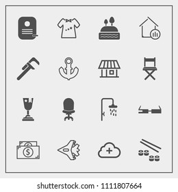 Modern, simple vector icon set with identity, airplane, kid, food, home, sweet, winner, clothing, technology, sushi, armchair, fish, plane, jetliner, chair, finance, japan, interior, jet, cake icons