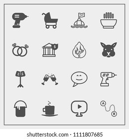 Modern, simple vector icon set with point, music, alcohol, orchestra, hot, musical, house, paint, machine, equipment, media, life, water, stroller, child, speech, safety, wine, interior, drill icons