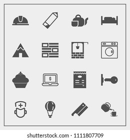 Modern, simple vector icon set with furniture, sign, helmet, beverage, bedroom, dessert, technology, pencil, drink, screen, tea, door, sky, bed, cup, notebook, food, surgeon, doughnut, hat, cake icons